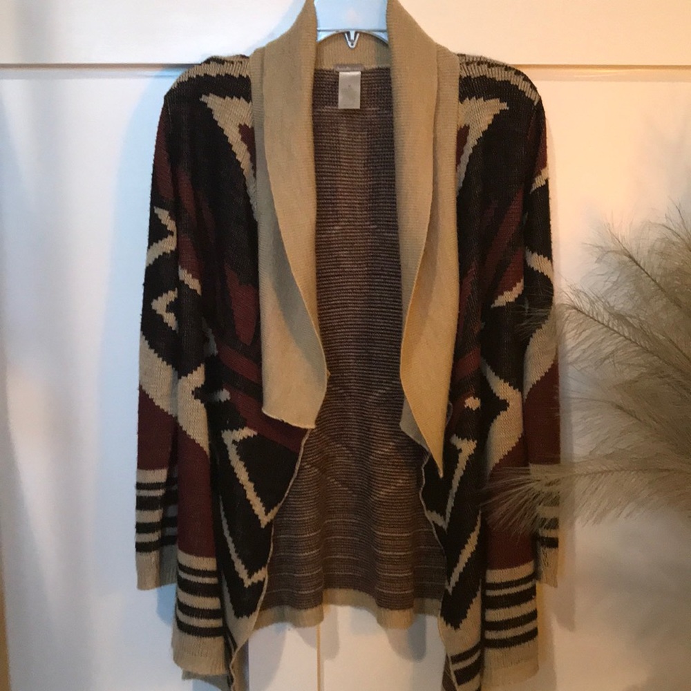 Charlotte Russe womens M taupe black and maroon cardigan